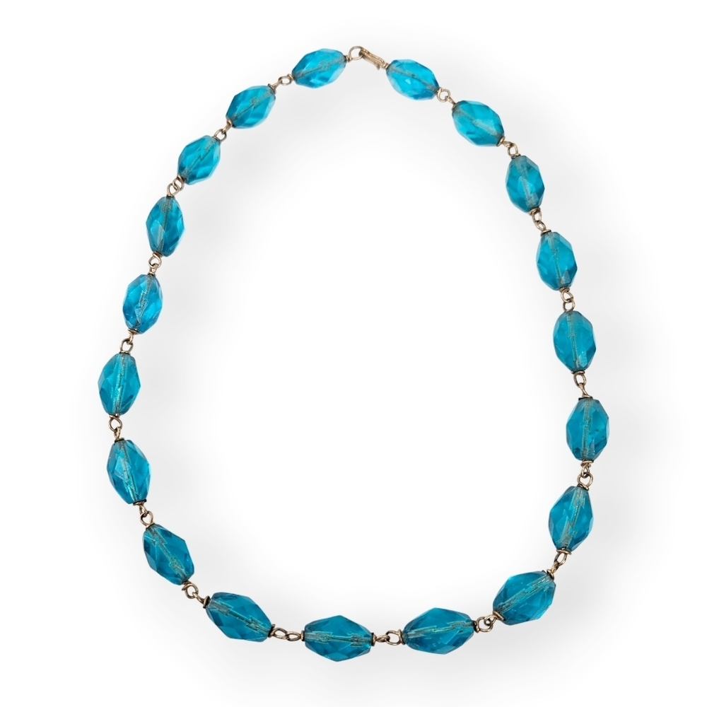Art Deco Czech Glass Necklaces Turquoise Blue Beaded Chain Wire Link Vtg 16.5" - Picture 3 of 8